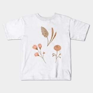 Garden flowers botanical line drawing in coral pink Kids T-Shirt